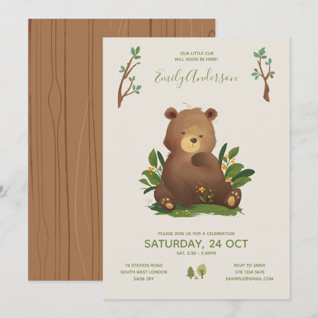 Invitación Oso ・ Baby Shower Rústico de animales silvestres (Anverso / Reverso)