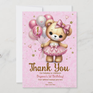Invitación Oso Bailarina Rosa Globo Brillante Gracias