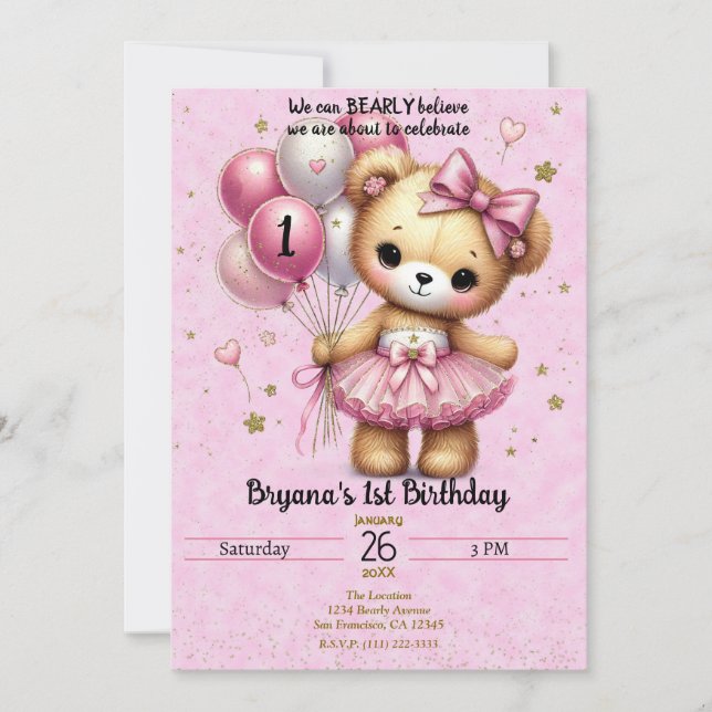 Invitación Oso Bailarina Rosa Globo Brillo Cumpleaños 1 (Anverso)