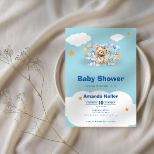 Invitación Oso bebé azul en el Baby Shower de las nubes