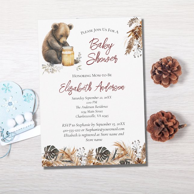 Invitación Oso Bebé Boho Marrón Floral Baby Shower  (Subido por el creador)