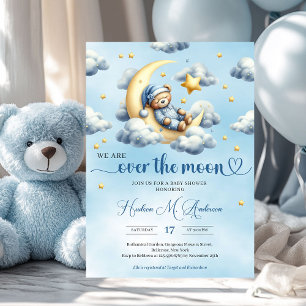 Invitación Oso bebé de moda durmiendo sobre la luna de oro