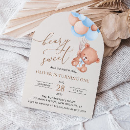 Invitación Oso bebé, globos azules, primer cumpleaños