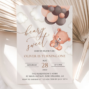 Invitación Oso Bebé, Globos Marrones, Primer Cumpleaños