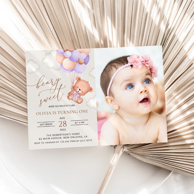 Invitación Oso Bebé, Globos Púrpura, Primer Cumpleaños (Subido por el creador)