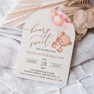 Invitación Oso bebé, globos rosados, primer cumpleaños
