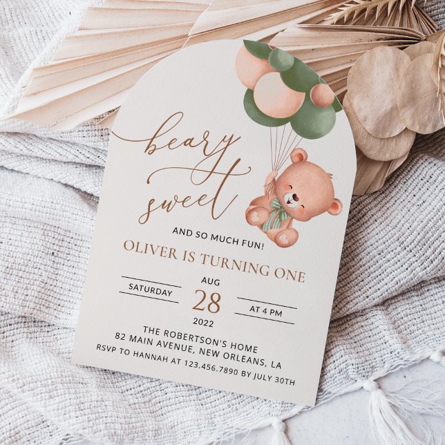 Invitación Oso bebé, globos verdes, primer cumpleaños (Subido por el creador)