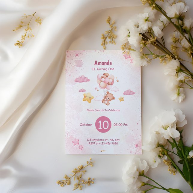 Invitación Oso bebé lindo con globos Primer cumpleaños (Subido por el creador)