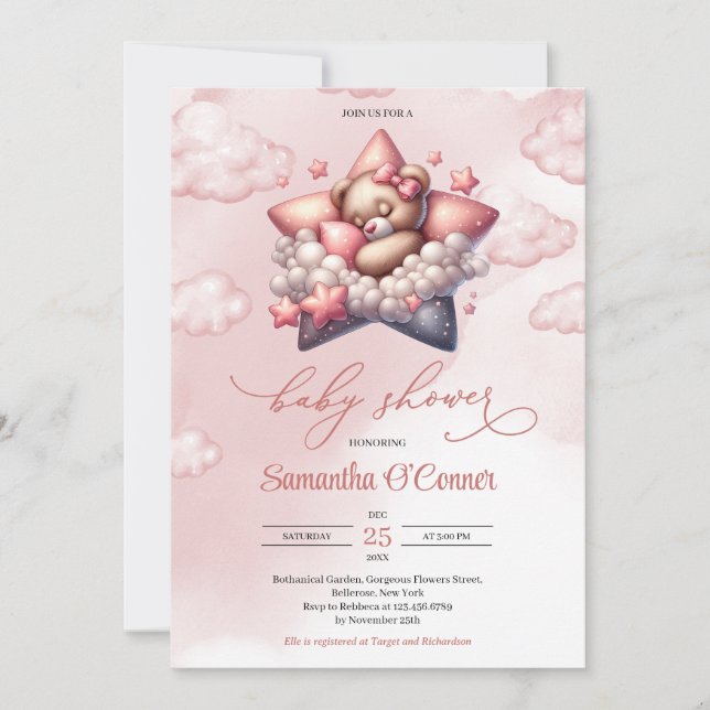 Invitación Oso bebé lindo durmiendo en la nube estrella Baby  (Anverso)