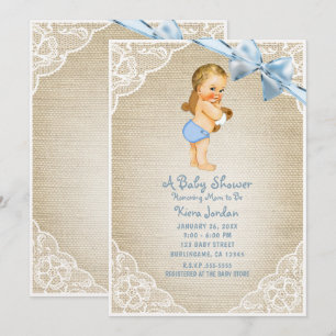 Invitación Oso blanco bebé niño y lazo azul arpillera baby sh