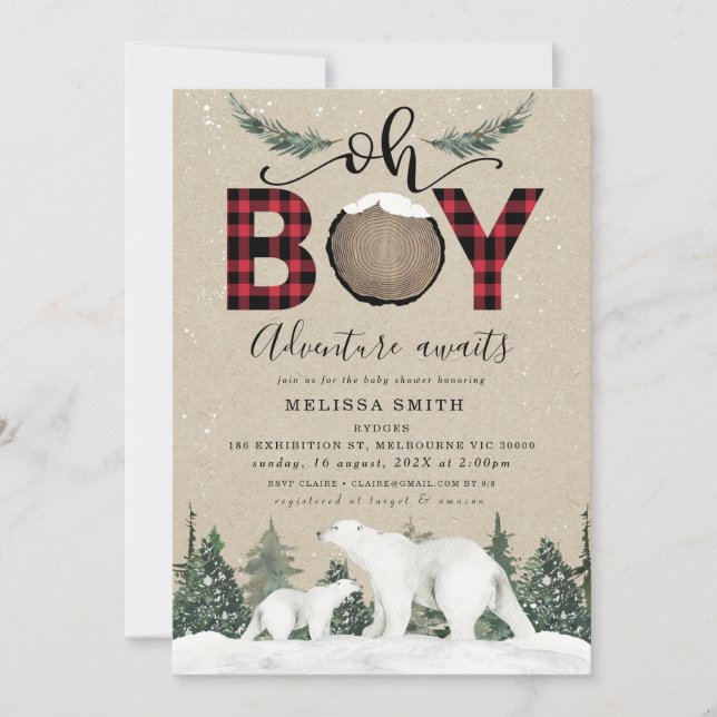 Invitación Oso Blanco Oh Boy Flannel Lumberjack Baby Shower (Anverso)