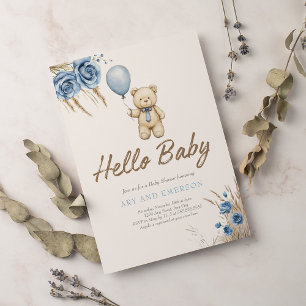 Invitación Oso Boho Teddy Niño Oso Azul Apenas Espera Bebé