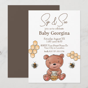 Invitación Oso Cachorro Lindo y Abejas Bebé Sip y See