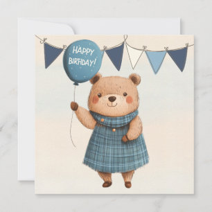 Invitación Oso chica con vestido azul y globo