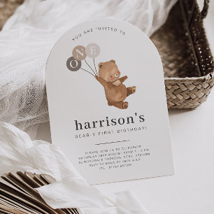 Invitación Oso con 3 globos marrones 1er cumpleaños del arco