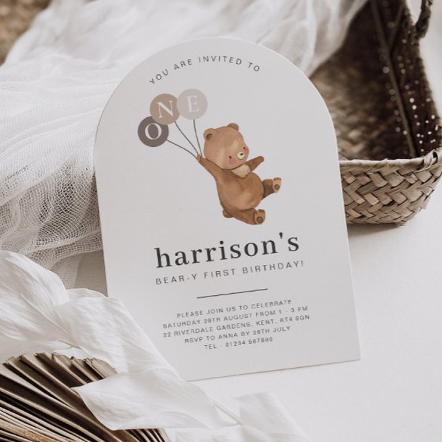 Invitación Oso con 3 globos marrones 1er cumpleaños del arco (Zazzle Bear with 3 Brown Balloons 1st Arch Birthday Invitation)