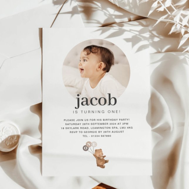 Invitación Oso con 3 globos marrones - Fotos Cumpleaños (Bear with 3 Brown Balloons - Photo Birthday Invitation)