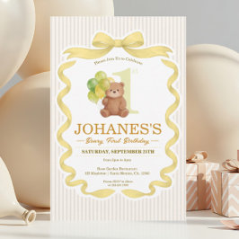 Invitación Oso con cinta de oro tira Beary primer cumpleaños