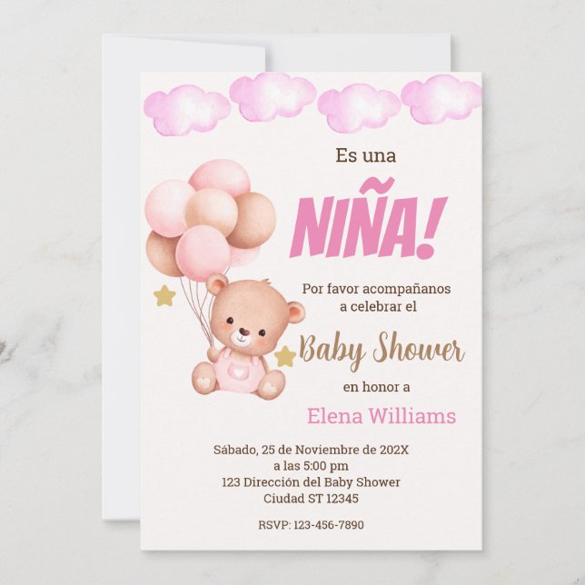 Invitación Oso con globos chica de ducha bebé español (Anverso)
