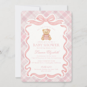 Invitación Oso con lazo coqueto rosa Cumpleaños Tartán Plaid