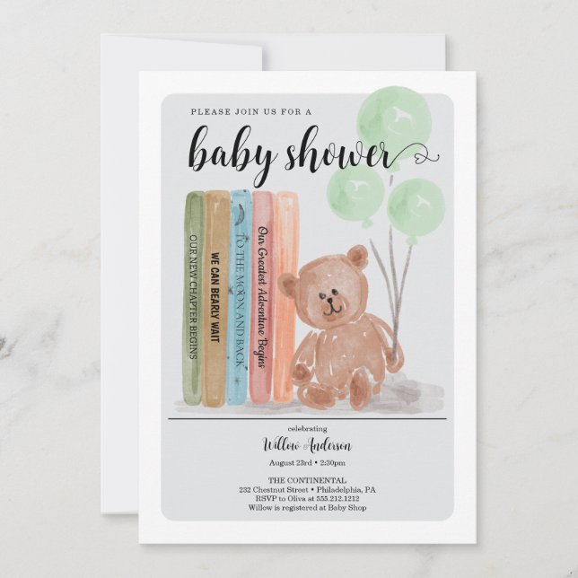 Invitación Oso con libros Bearly Wait Green Baby Shower (Anverso)