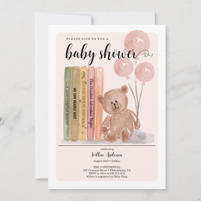 Invitación Oso con Libros Chica de espera anticipada Baby Sho (Anverso)