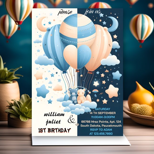 Invitación oso conjunto estrella Hot Air Balloon Twins 1º cum (Subido por el creador)