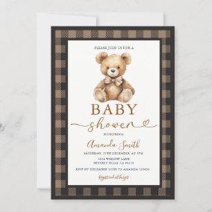 Invitación Oso Coqueto de lazo Niño Cumpleaños Plaid Marrón