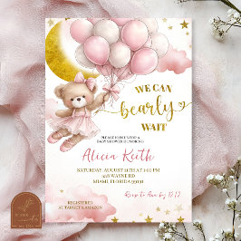 Invitación Oso Coquette con lazo rosa y globo Baby Shower