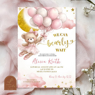 Invitación Oso Coquette con lazo rosa y globo Baby Shower