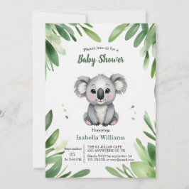 Invitación Oso cuado de Koala con Baby Shower de hojas verdes