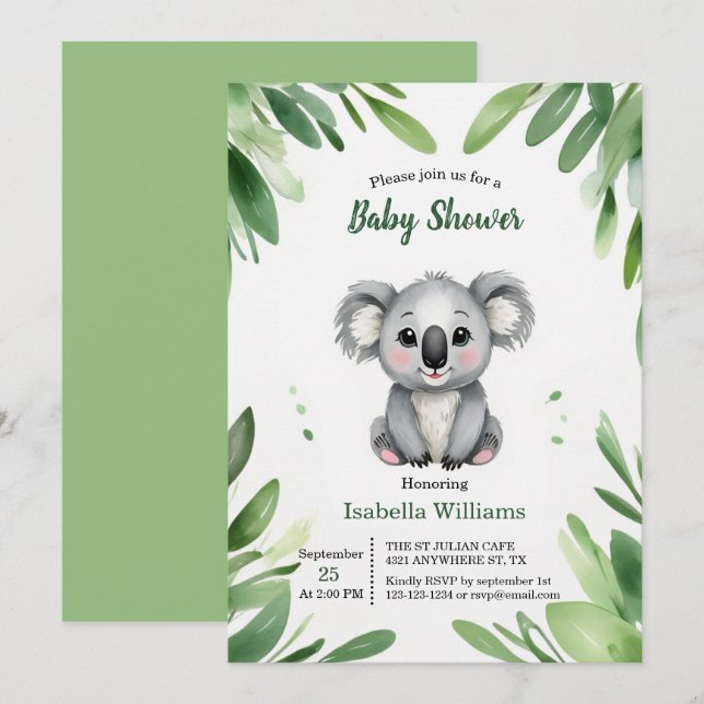 Invitación Oso cuado de Koala con Baby Shower de hojas verdes (Anverso / Reverso)