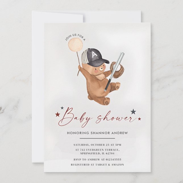Invitación Oso Cutáneo Baby Shower Rookie de béisbol personal (Anverso)