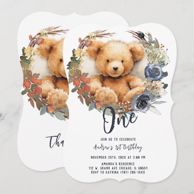 Invitación Oso de 1er cumpleaños personalizable y editable pa (Anverso / Reverso)