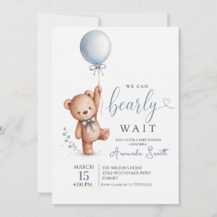 Invitación Oso de Acuarela Apenas Espera Oso de Peluche Azul