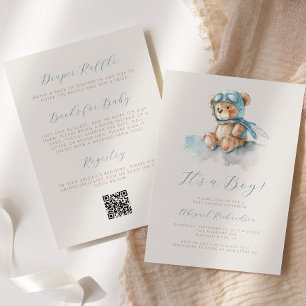 Invitación Oso de Acuarela Azul Código QR Ducha de Bebé Niño
