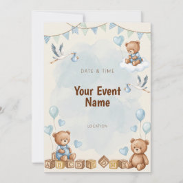 Invitación Oso de acuarela Cigüeña Bloque de madera Azul