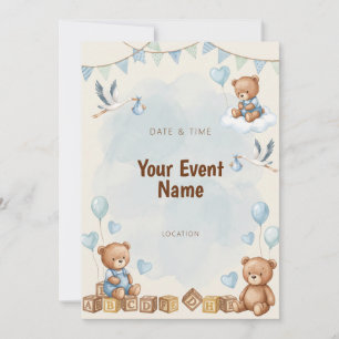 Invitación Oso de acuarela Cigüeña Bloque de madera Azul
