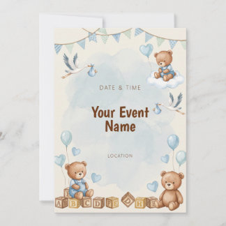Invitación Oso de acuarela Cigüeña Bloque de madera Azul