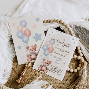 Invitación Oso de Acuarela con Globos Baby Shower Rústico