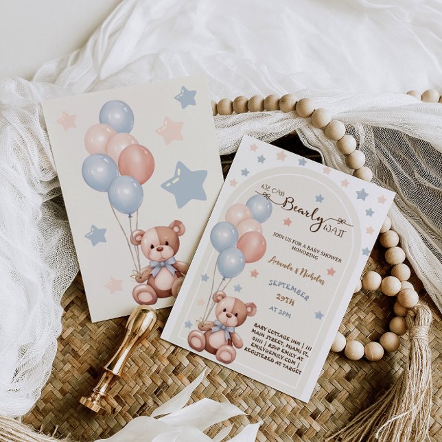 Invitación Oso de Acuarela con Globos Baby Shower Rústico (Subido por el creador)