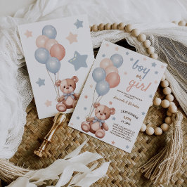 Invitación Oso de Acuarela Globos Azules y Rosas Revelación d