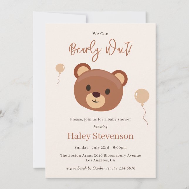 Invitación Oso de Apenas Espera Oso Marrón Neutral Fiesta de  (Anverso)