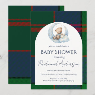 Invitación Oso de baby shower de cuadros clásico azul y verde