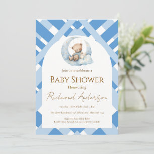 Invitación Oso de baby shower de niño a cuadros azules
