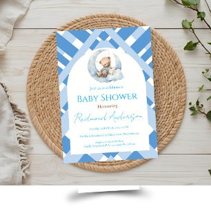 Invitación Oso de baby shower de niño a cuadros azules