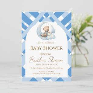 Invitación Oso de baby shower Niño Plaid Azul