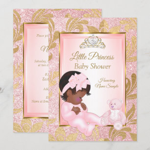Invitación Oso de Baby Shower Rosa con Brillo Dorado Étnico