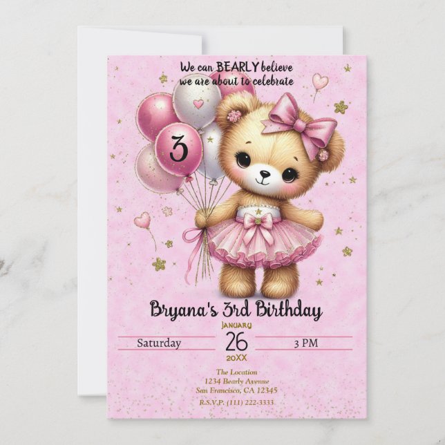 Invitación Oso de Bailarina Rosa con Globo Brillante Fiesta d (Anverso)
