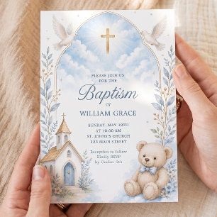 Invitación Oso de Bautizo en Acuarela